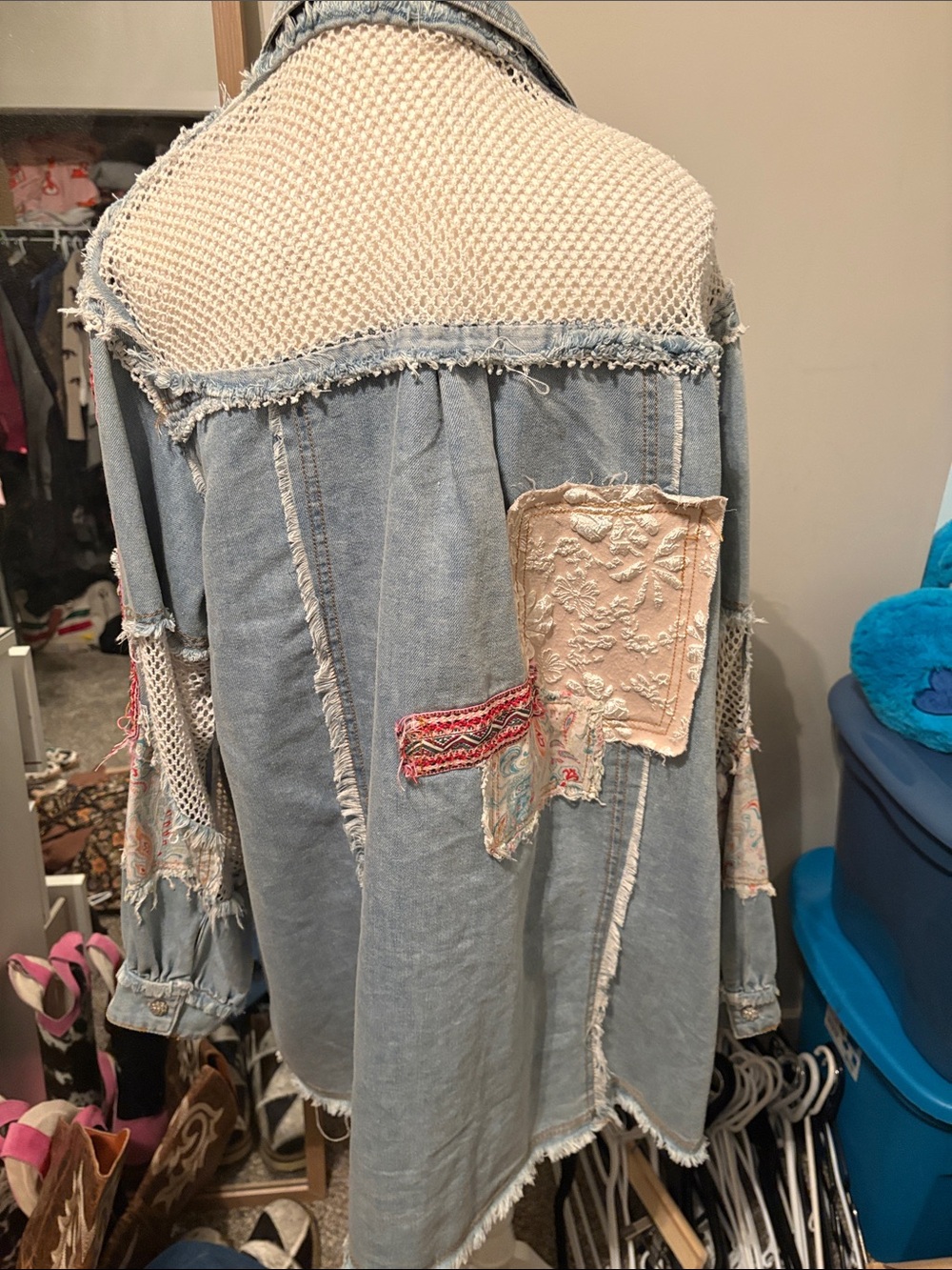 POL Light Blue Patchwork Denim Jacket with Cream & Red Accents small nwot - Picture 3 of 5